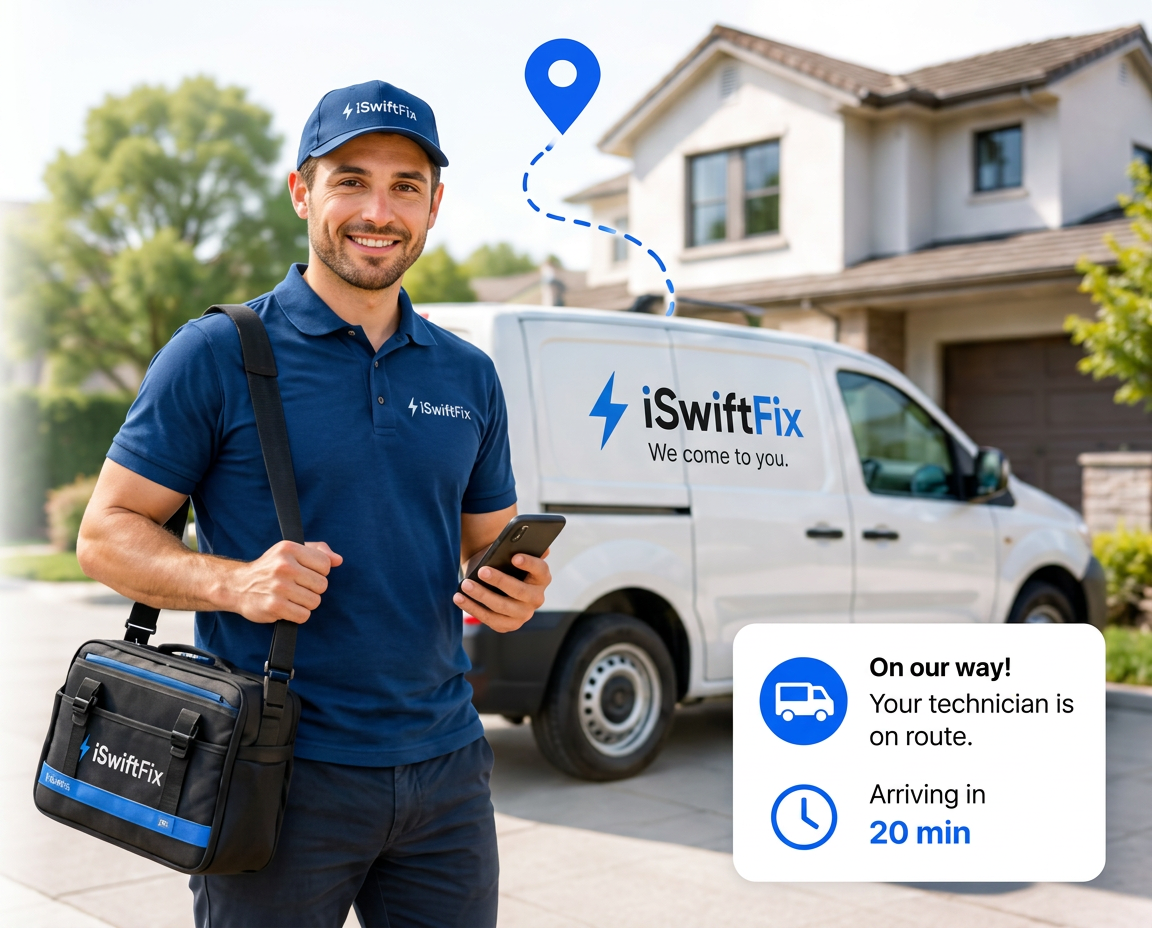 iSwiftFix technician with tools beside a branded mobile repair van